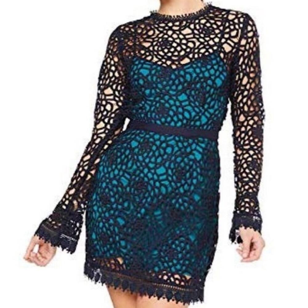 La Mason Talulah Roseate Long Sleeve Cocktail Dress Teal Navy Blue Overlay Small